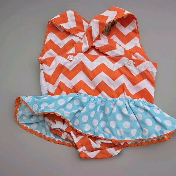 LOLLY WOLLY‎ DOODLE Smocked Ruffle Chevron Orange Seahorse Overalls 6mos Summer - Picture 3 of 5